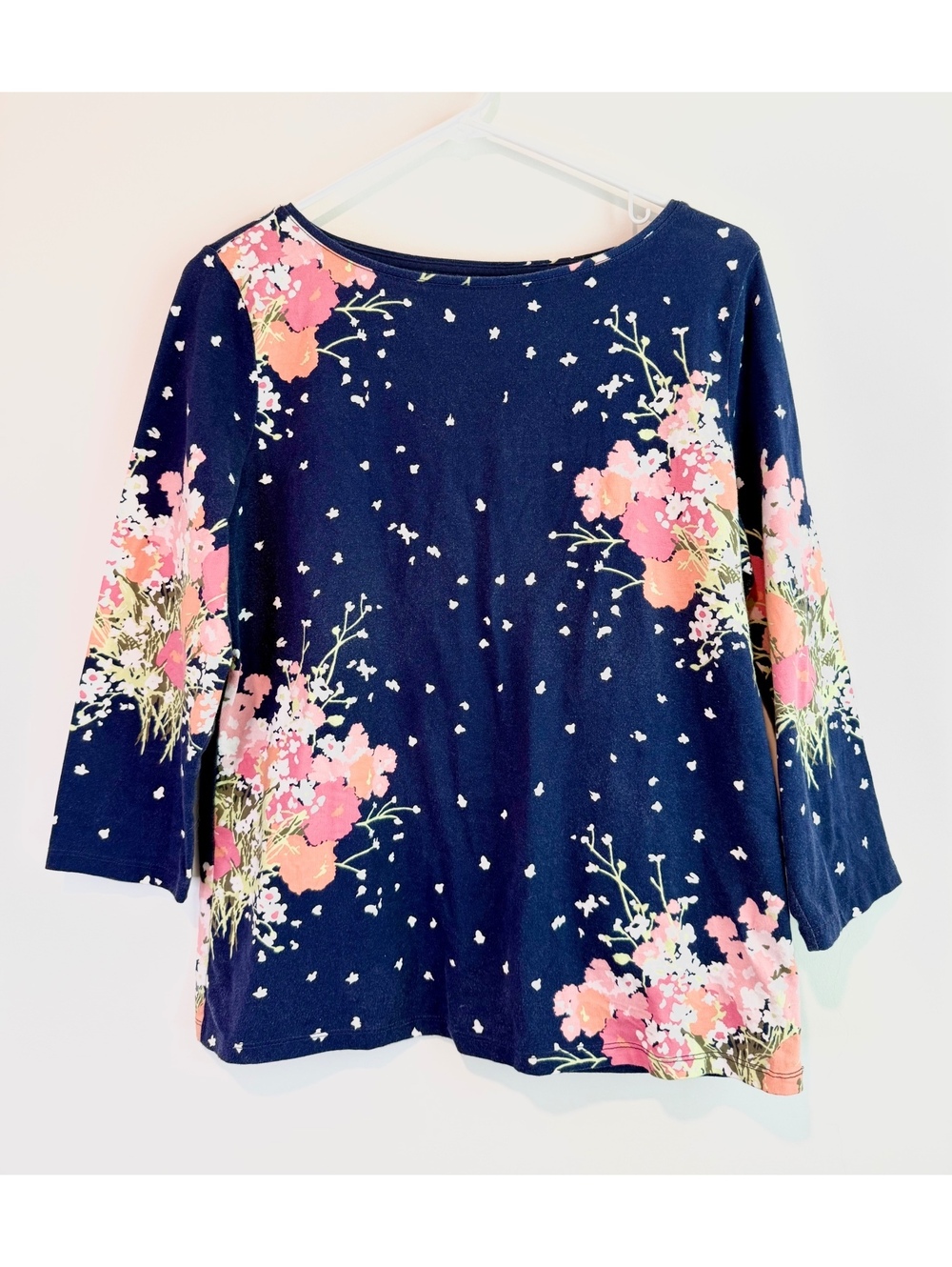 Talbots Petite Floral Navy Blue Blouse Size LP